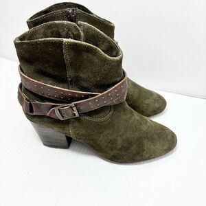 Diba Army Green Suede with Brown Leather Strap Booties Size 8